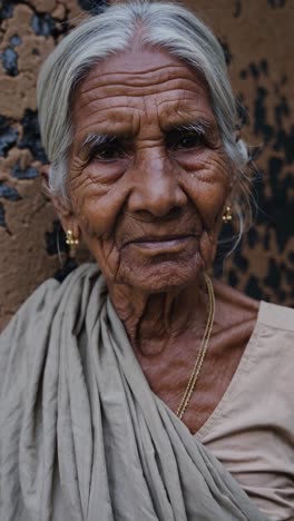 weathered stone wall serving as backdrop for contemplative elderly woman gradually changing facial expression from serious to gentle, warm smile