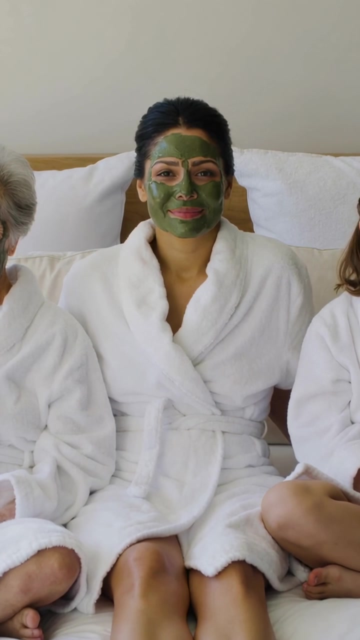 Vertical video: Smiling adult female with green mask and white robe sitting on bed in suite bonding