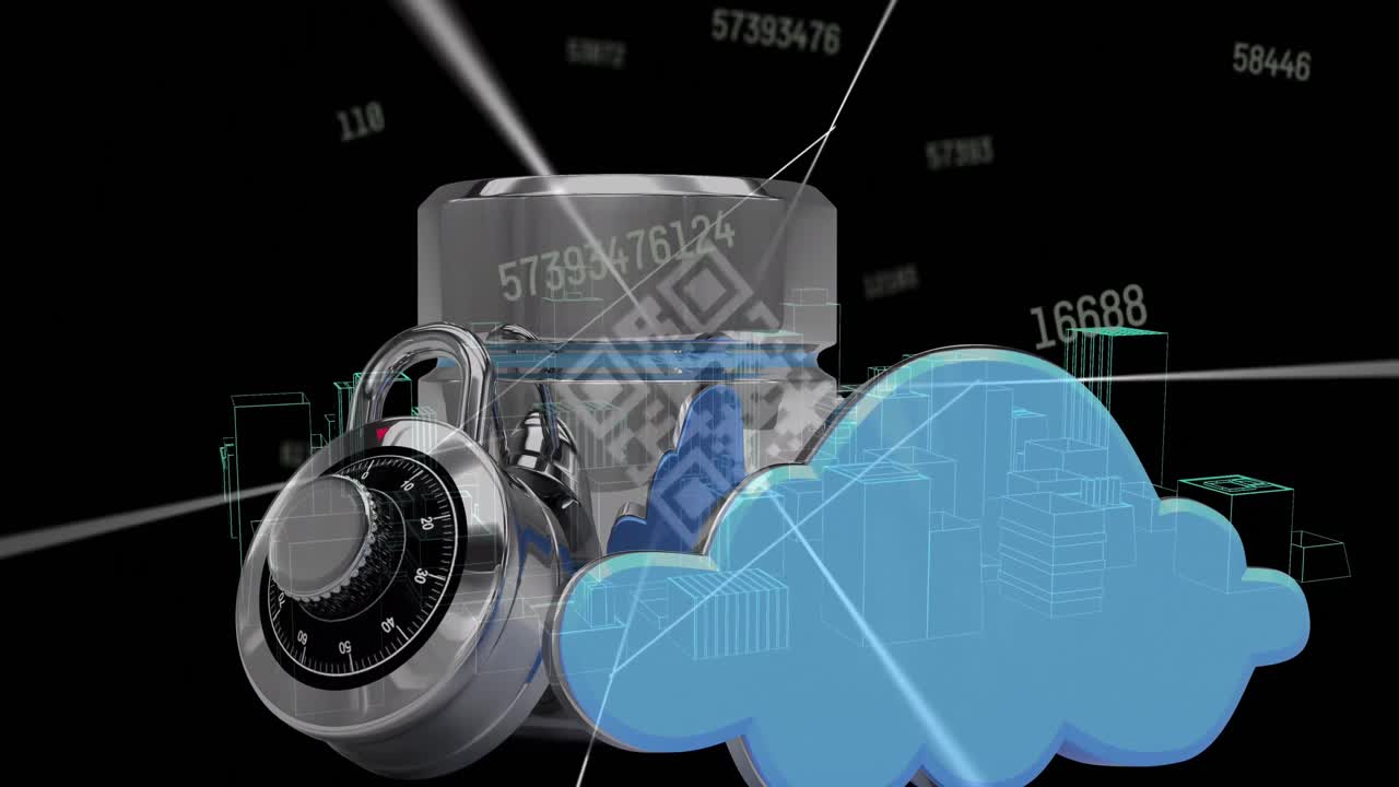 검은색 배경의 락 위에 qr 코드로 데이터 처리의 애니메이션.