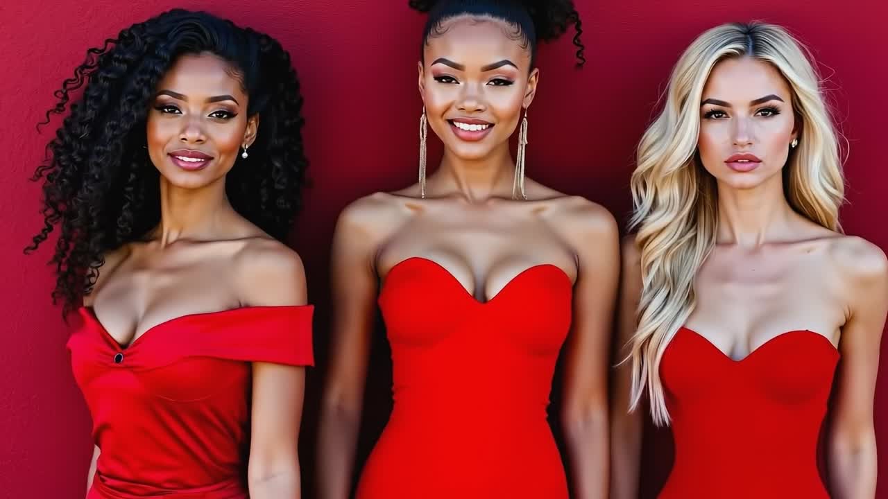 Three women in red dresses posing for a photo