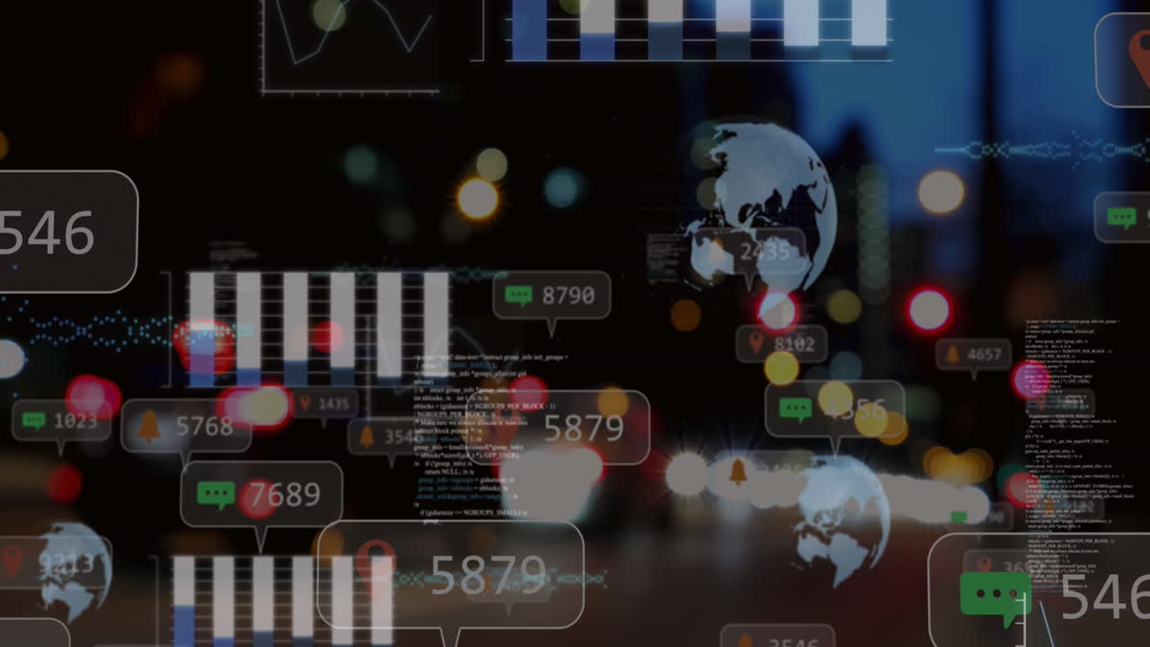 animación de iconos de redes sociales y procesamiento de datos contra el tráfico nocturno de la ciudad.