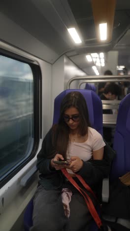mujer usando el teléfono en un tren