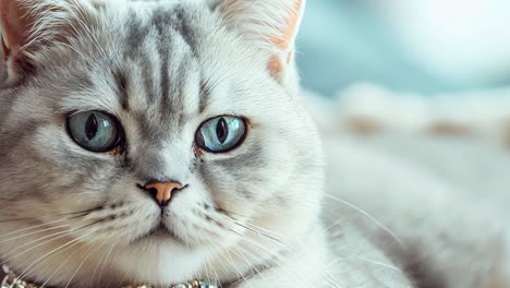 luxurious silver tabby british shorthair wearing sparkling diamond necklace, lying gracefully on plush soft blanket with serene gaze toward camera lens