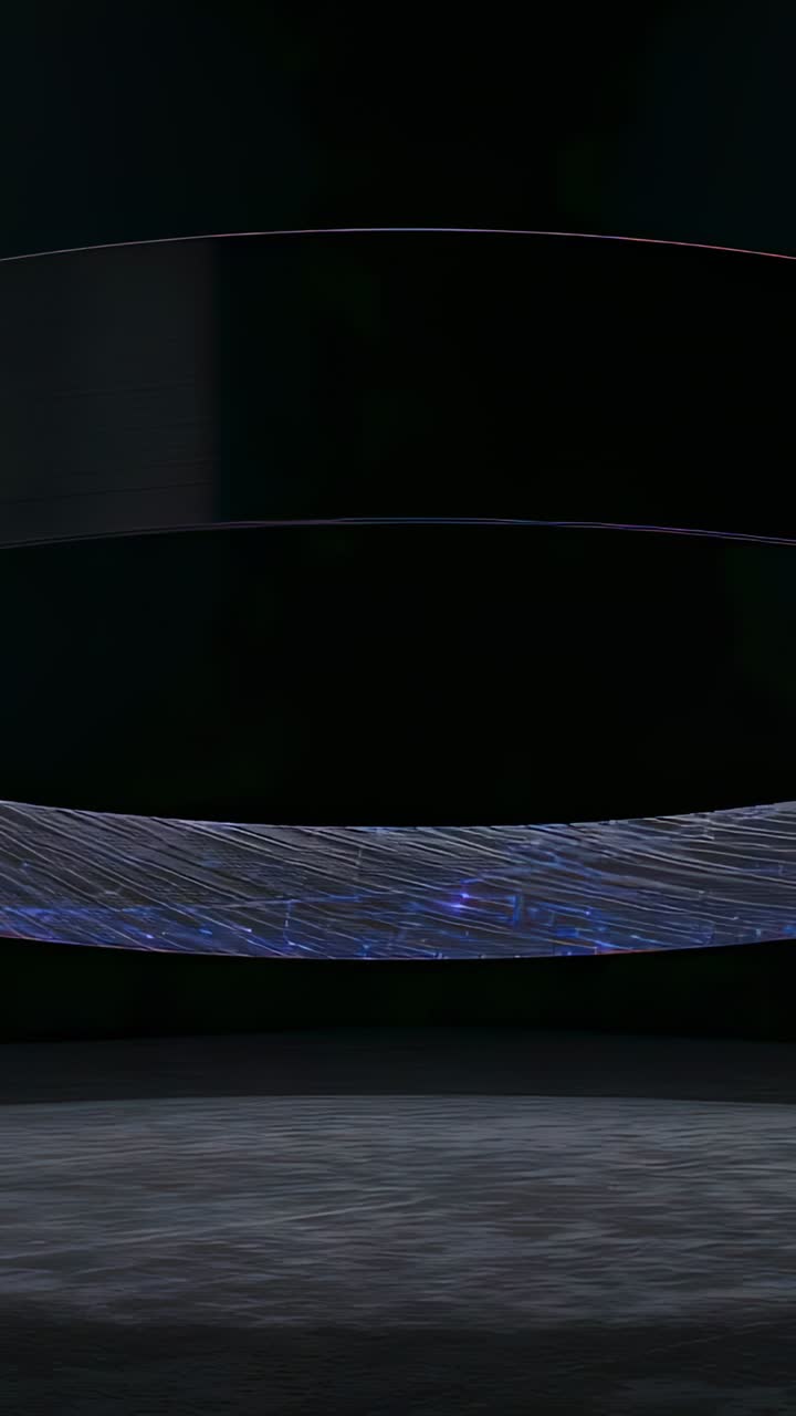 Vertical video: Playback starting, 3 curved LED ribbons brightening on stage, reflecting on floor