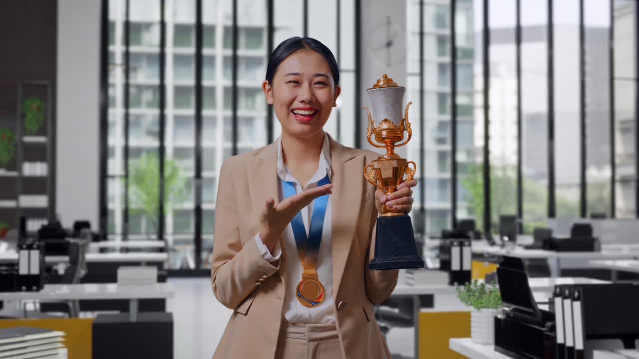Asian Business Woman In A Suit With A Gold Medal Pointing To A Gold Trophy In Her Hand And Smiling Being Proud Winning As The First Winner In The Office