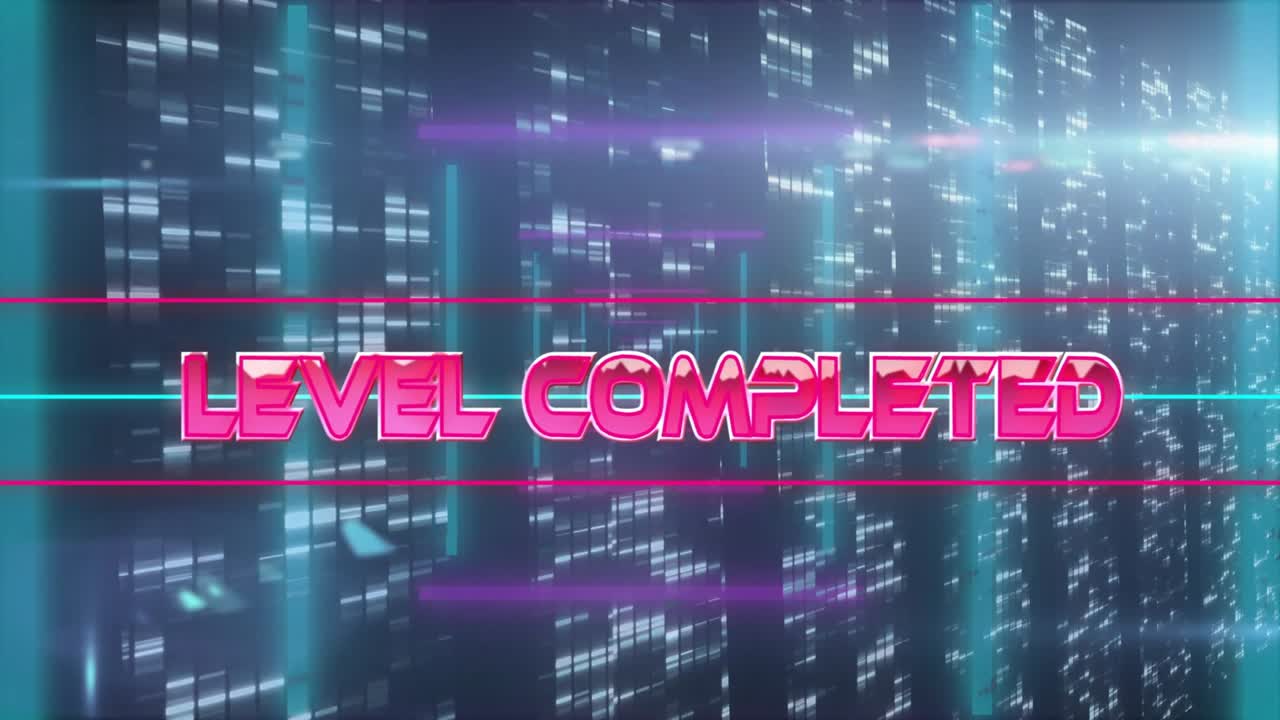 Neon purple bar sweeping down initiating pink LEVEL COMPLETED text appearing signaling completion