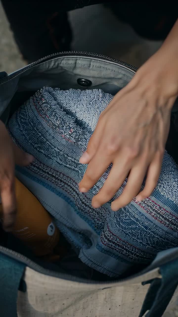 Vertical video: Smoothing towel, hands in canvas bag, zipper open, securing yellow bottle on ground