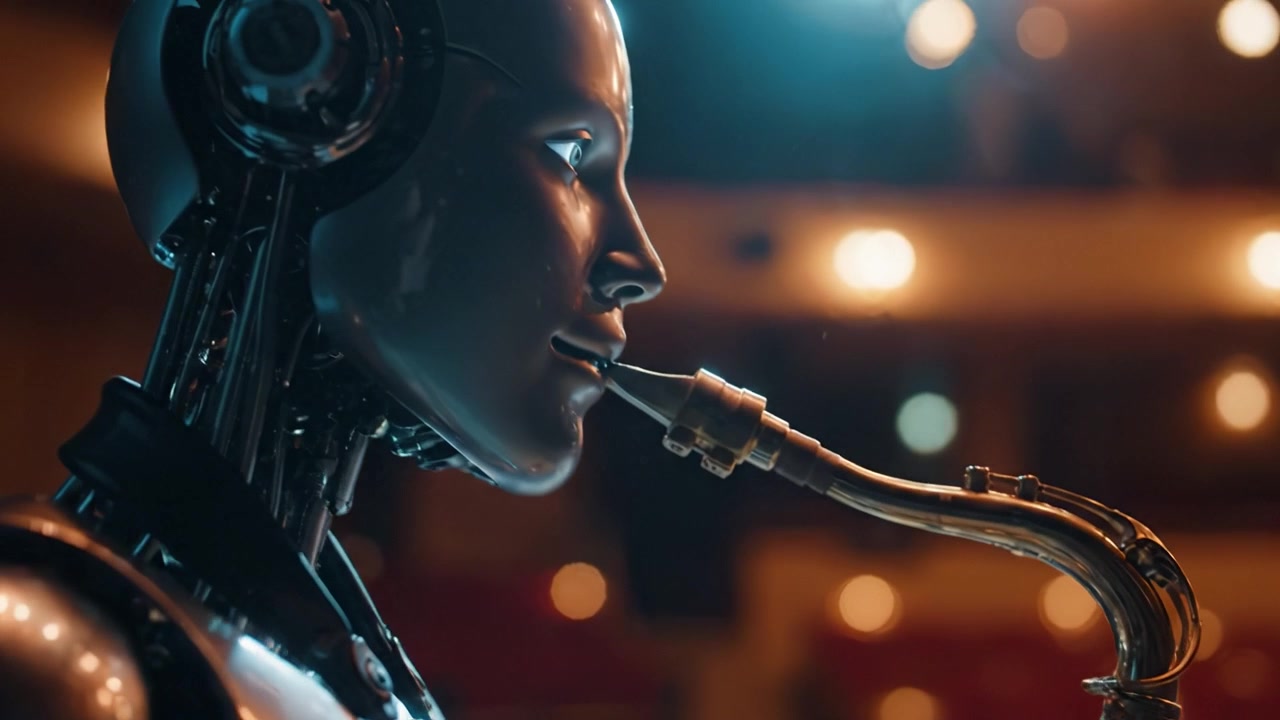 Un robot musicista affascina il pubblico con un'esibizione di sassofono in un'elegante sala da concerto, fondendo tecnologia e arte attraverso melodia e ritmo