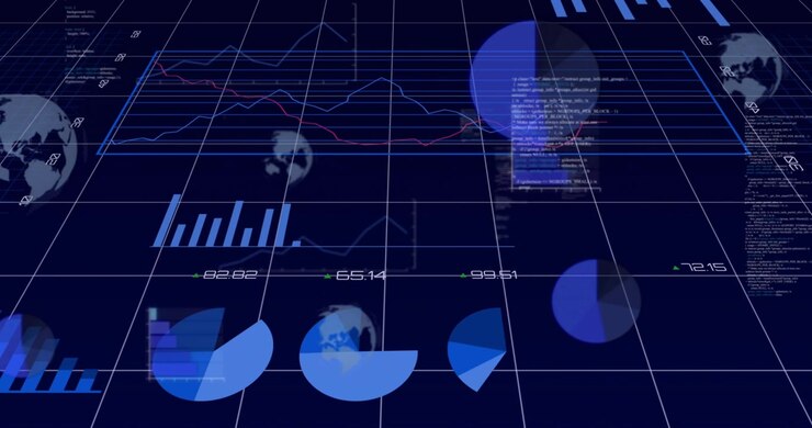 Camera pushing, tilting; central blue hub updating pies, bars, lines, orbs floating showing metrics
