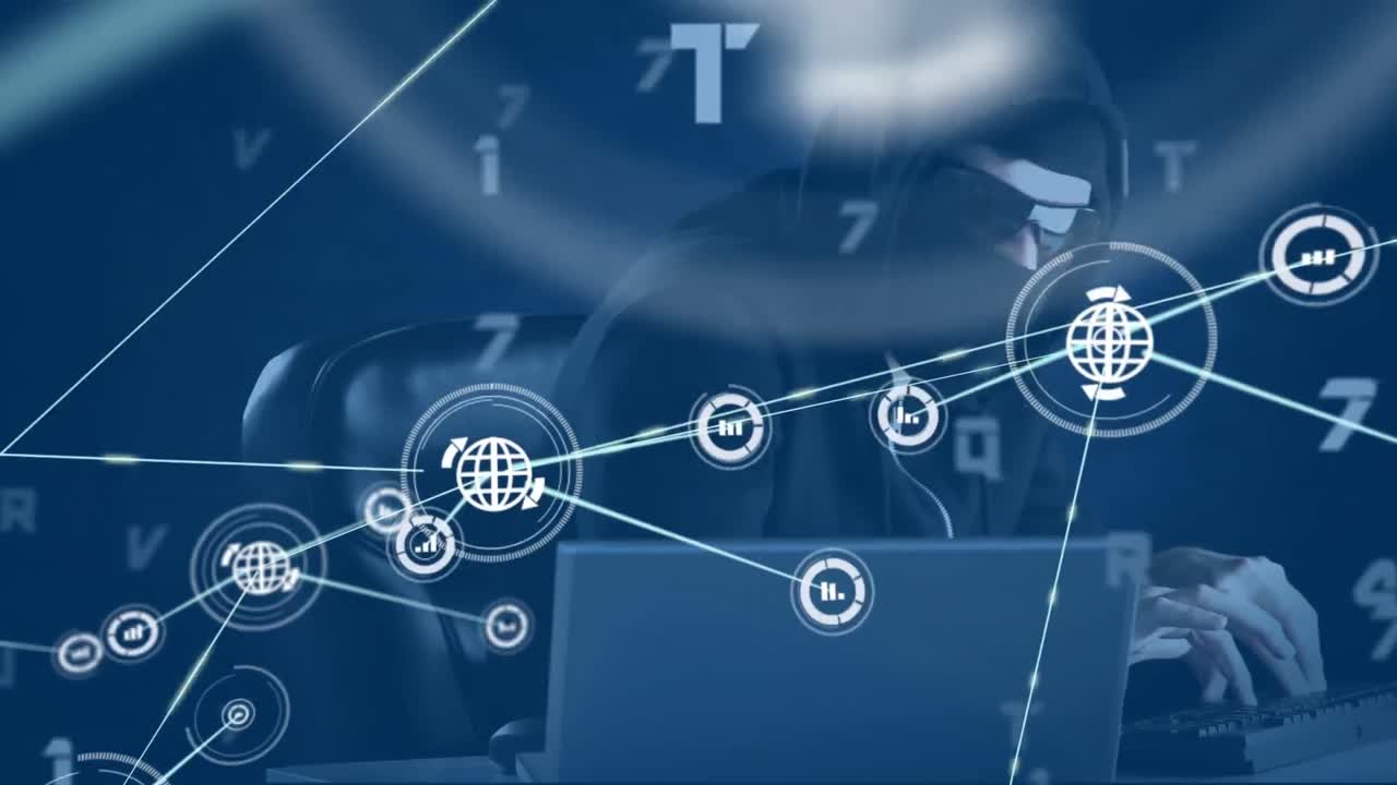 디지털 아이콘 네트워크와 알파 ⁇ 과 숫자를 바꾸는 남성 해커를 상대로 노트북을 사용하는