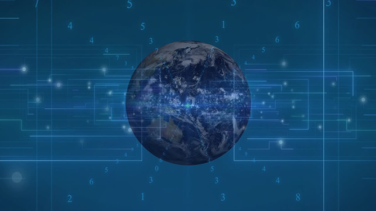 Luminous orb expanding into 3D Earth globe rotating while data band pulsing showing world data flow