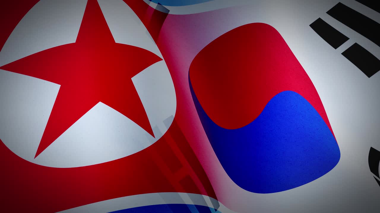 South and North Korea flags show the tension and confrontation between Seoul and pyongyang.