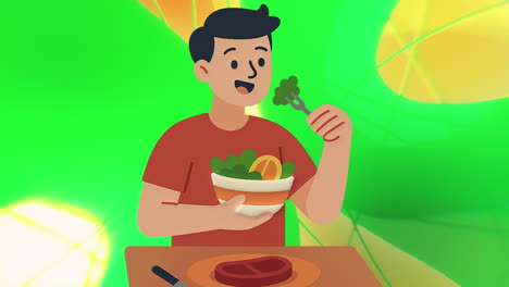 man eating healthy salad and steak