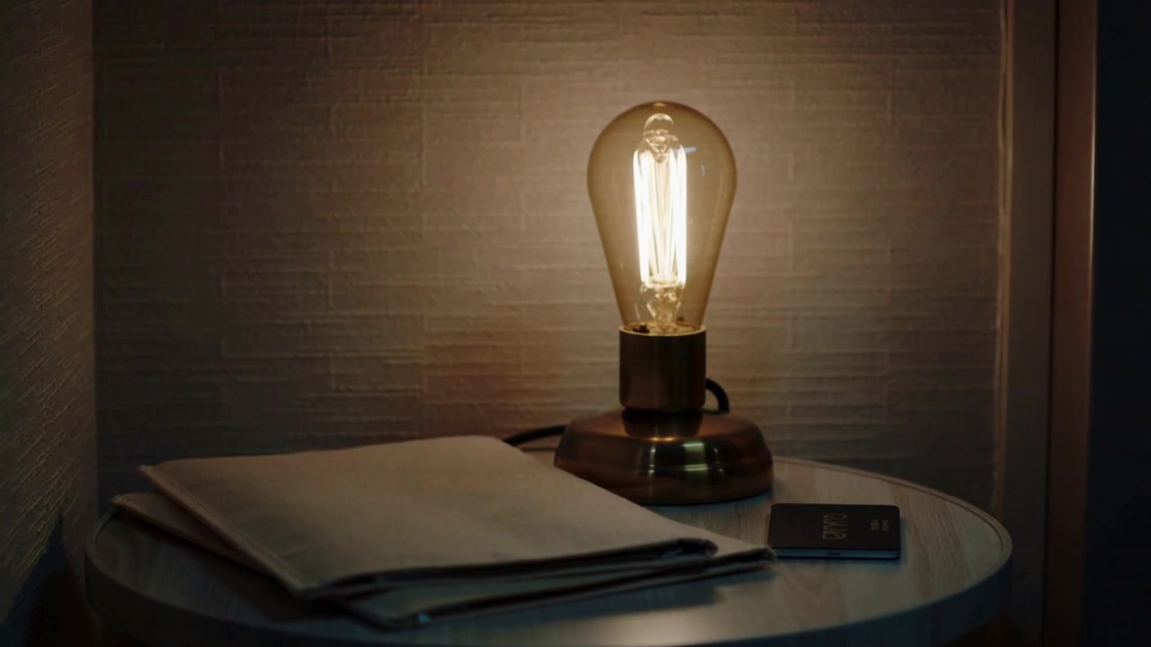 Una telecamera registra una lampada vintage che proietta una luce calda sul comodino, mostrando un lento affievolimento, con tessuto e cartoncino scuro.