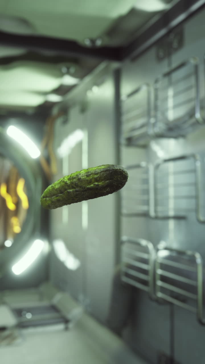 Cucumber drifts through a bright futuristic space corridor