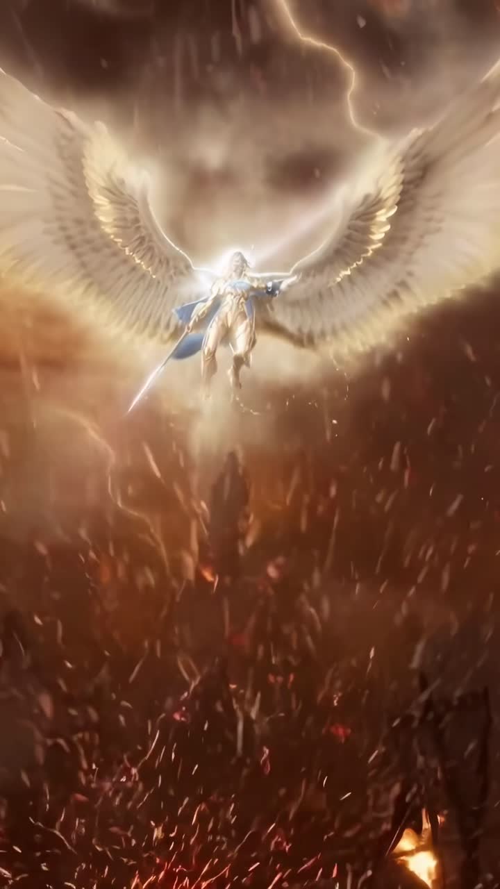 Epico guerriero angelico con ali luminose in una scena apocalittica