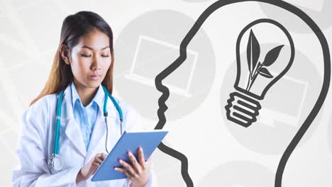 animation of asian female doctor and head with light bulb icon over icons