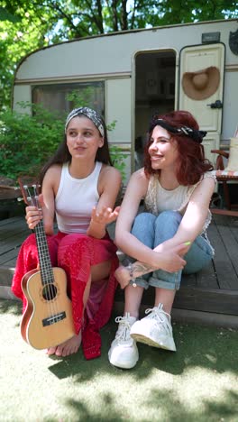 two friends enjoying a sunny day outdoors with a ukulele