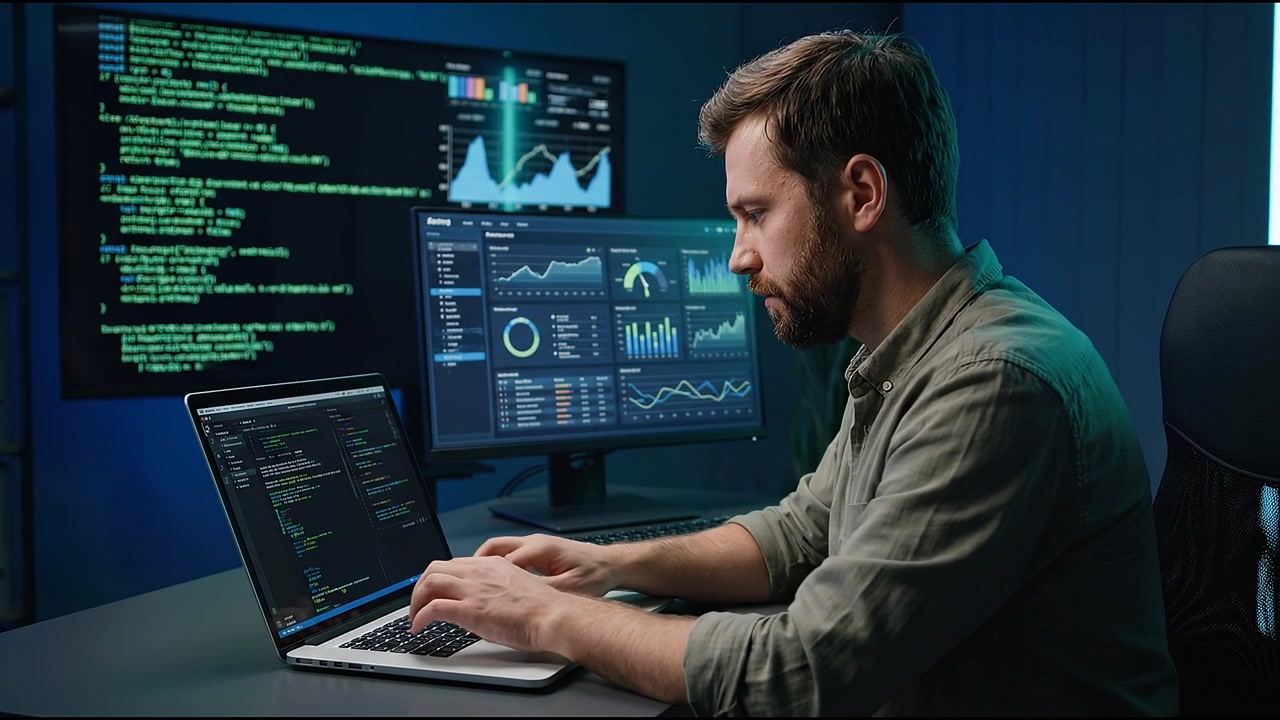 Dataanalytiker overvåker finansdiagrammer og programmeringsdashbord på bærbar PC i et mørkt teknologiarbeidsområde