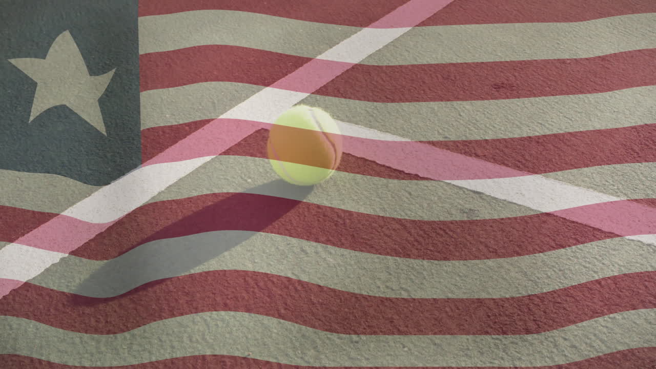 Bright yellow-green tennis ball resting on textured court line, overlying transparent American flag