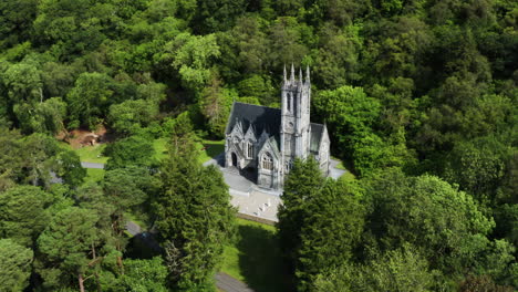 ireland tourist destination - kylemore abbey castle buildings - victorian walled gardens, aerial drone overhead view