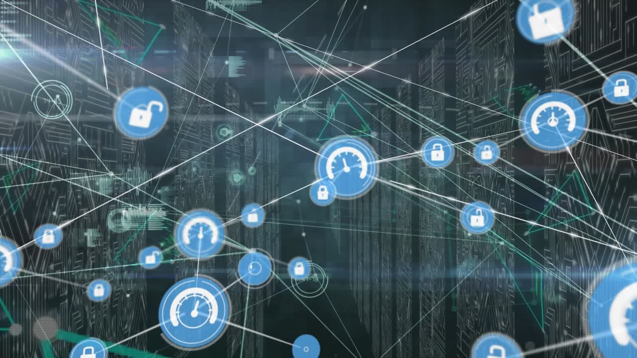 Animation of connected icons, dots forming shapes and circuit board pattern over server room