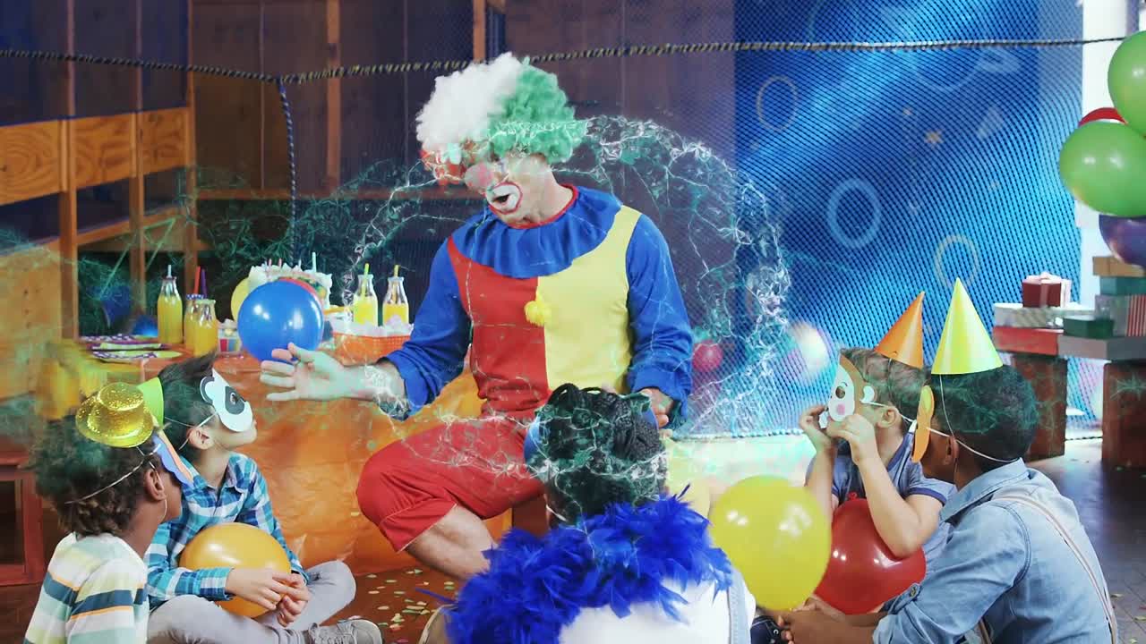 animación del cerebro digital sobre diversos niños y payaso en una fiesta de cumpleaños