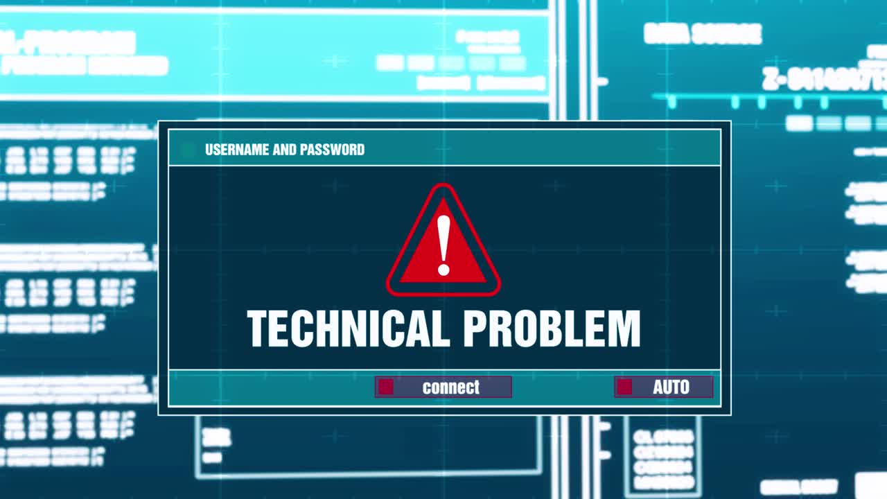 Technical problem warning notification generated on digital system security alert error message on