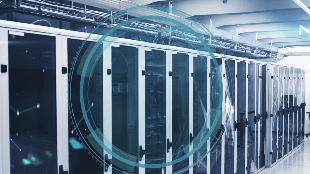 Animation of cyber security text banner and plexus networks against server room