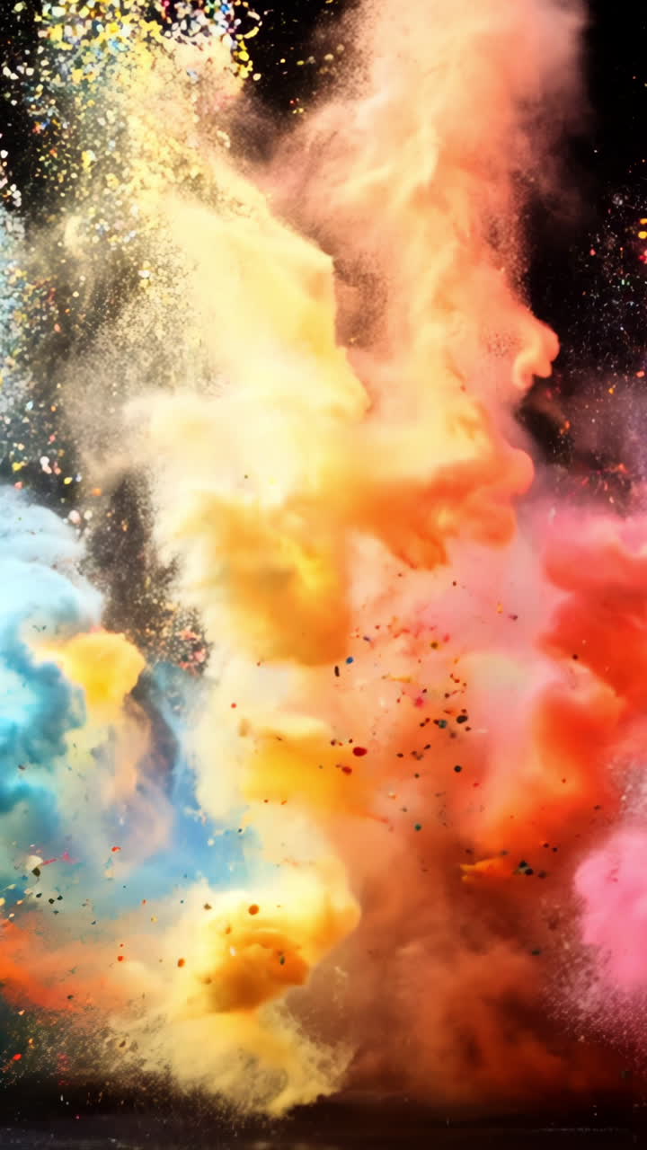 A colorful explosion of powdery material is shown in the image. The colors are vibrant and the scene is dynamic, giving off a sense of energy and excitement