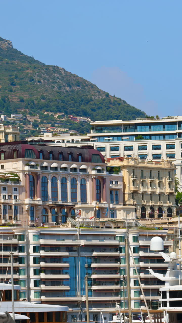 Aerial view of the skyline of Monaco in daylight. Vertical