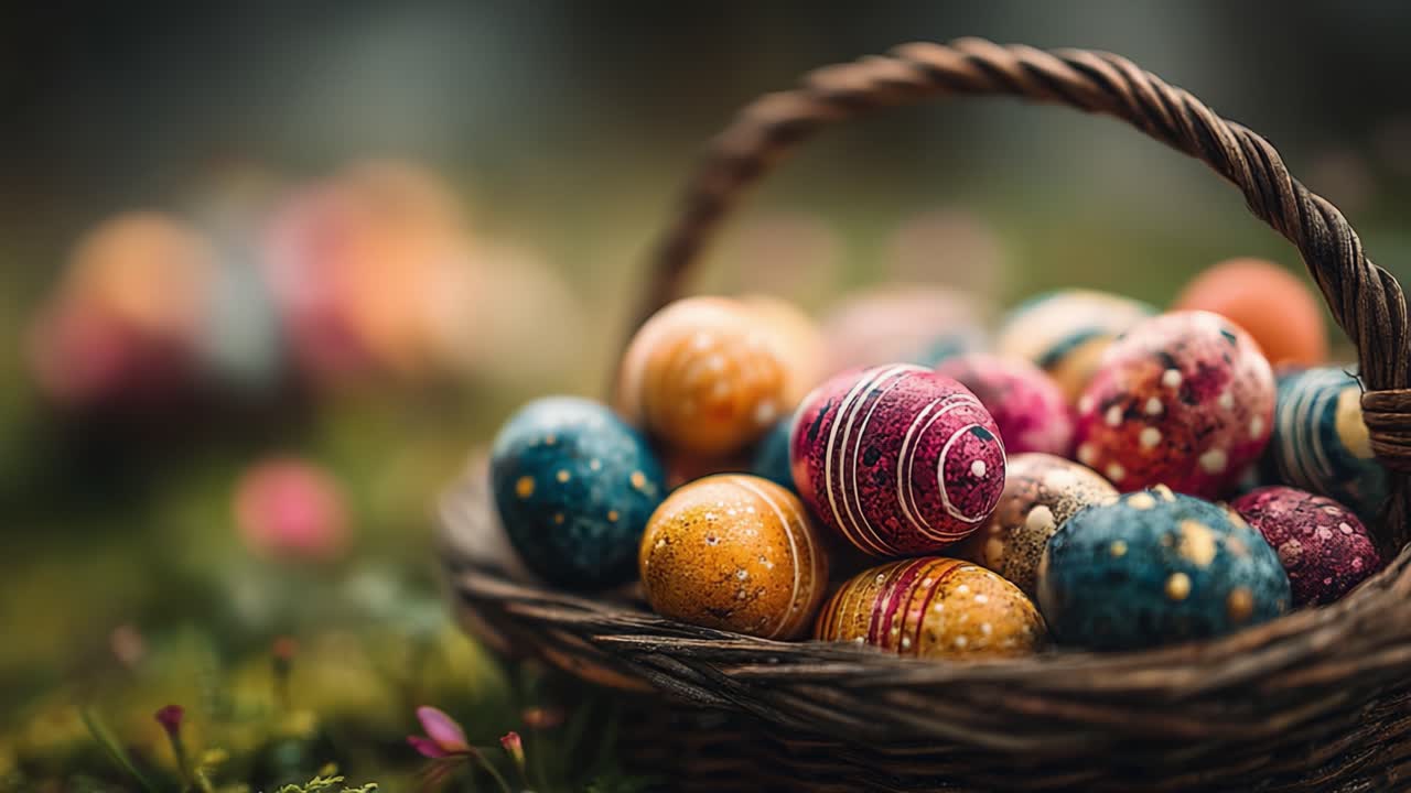A Beautiful Basket Overflowing with Vibrantly Colored Easter Eggs, Perfectly Arranged in a Lush Green Setting with Soft Natural Light Highlights