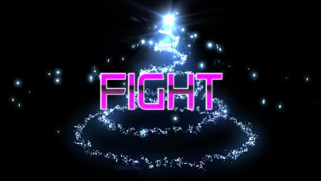 animation of fight text in pink letters over glowing christmas tree and spots of light