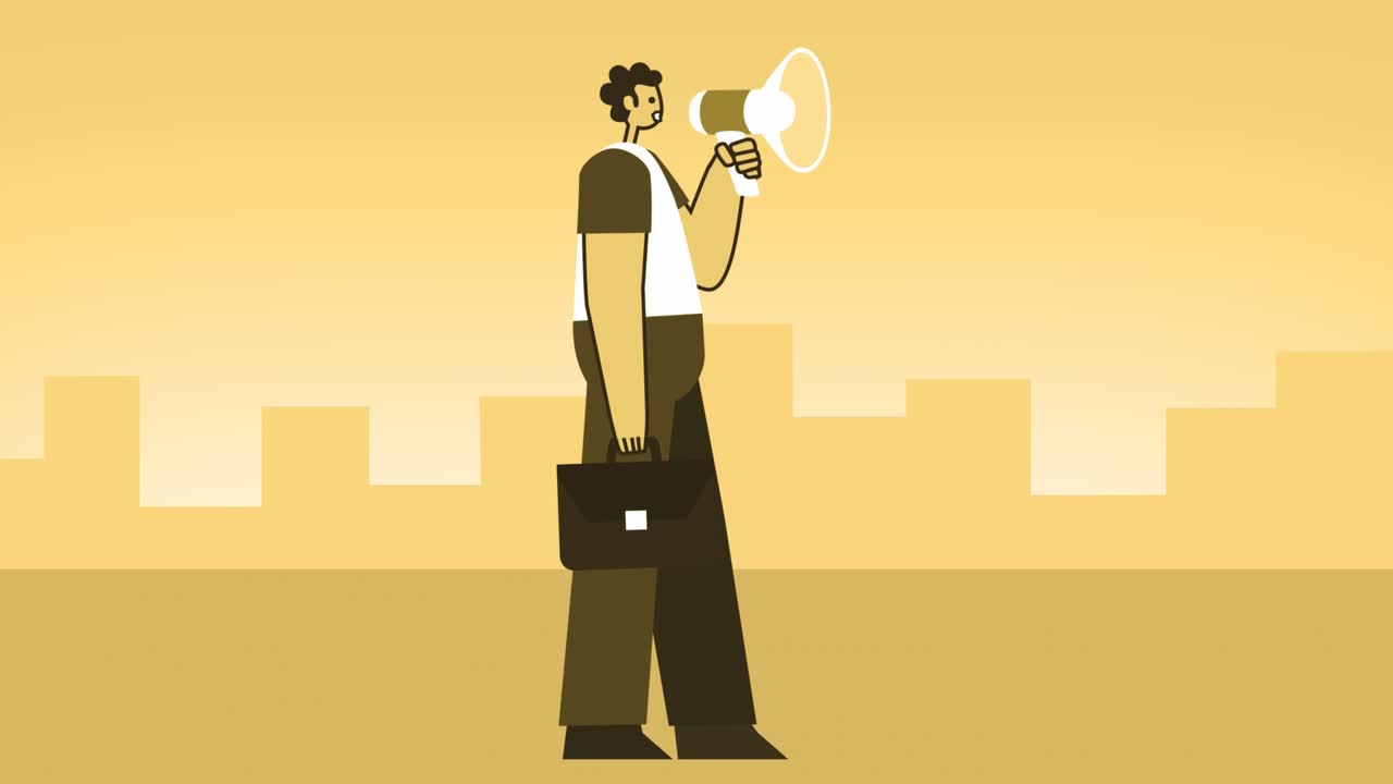Yellow Style Man with Briefcase Flat Character Walking and Speaking into Loudspeaker. Isolated Loop Animation with Alpha Channel