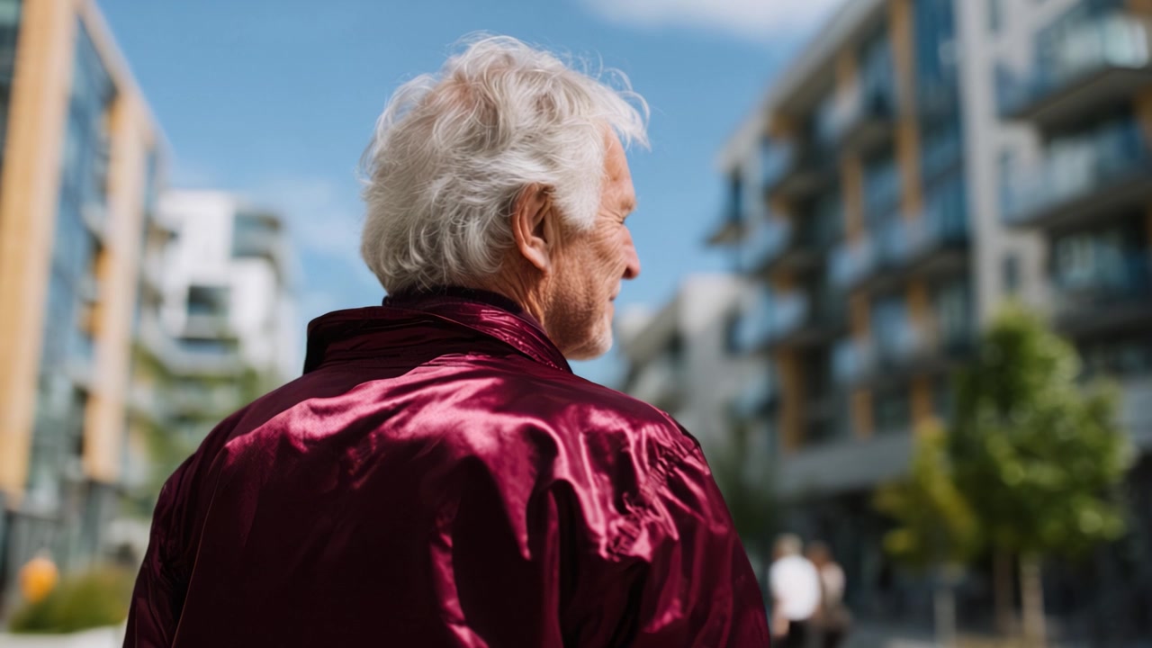 Un uomo anziano con una giacca di raso rossa passeggia per un moderno quartiere urbano, riflettendo sulla vita tra architettura contemporanea e dintorni vivaci.