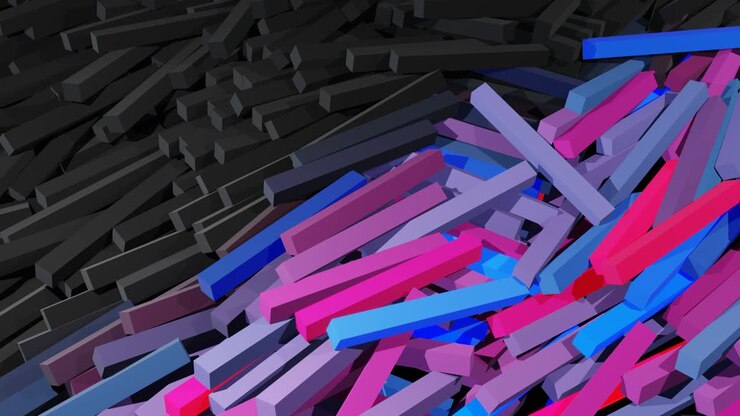 3d abstract looped bg with lot of gray rectangles lay on plane and light up blue red purple. Bulbs start to glow forming pattern like abstract chrismas garland. Multicolor waves runs across sticks