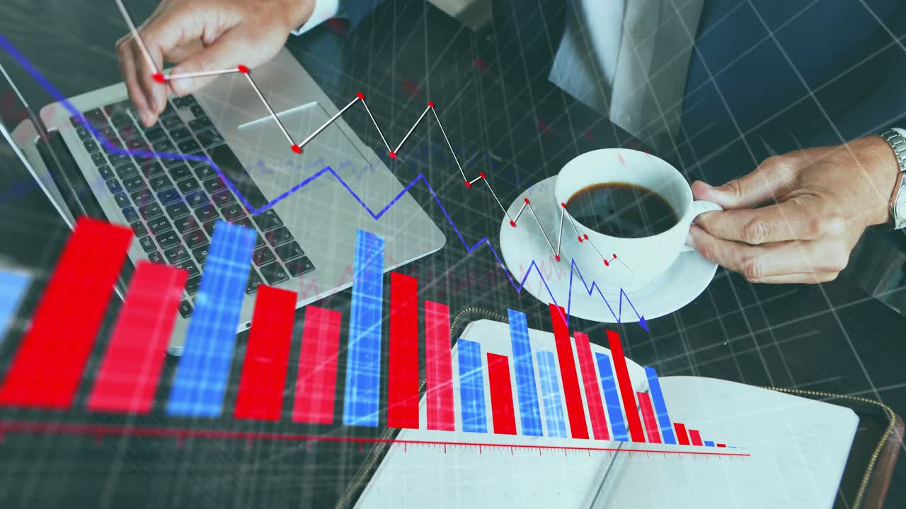 Businessman typing on laptop and lifting cup while pulsing data charts aiding business analysis