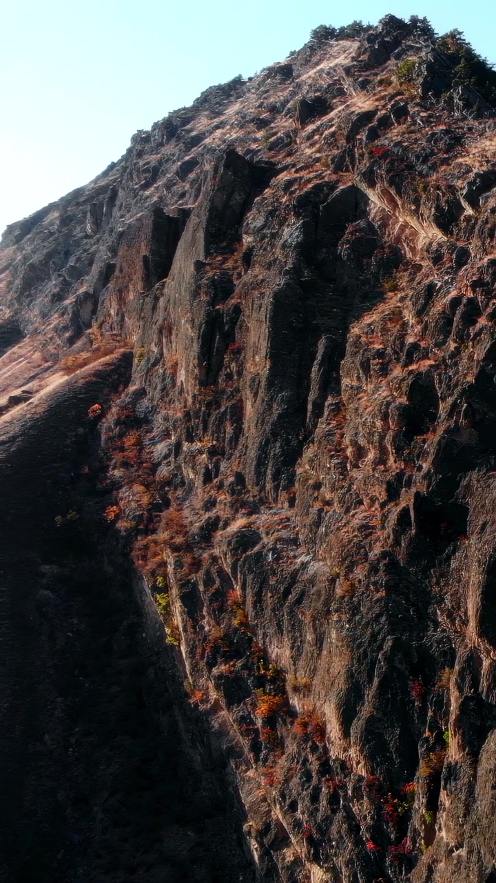 Cresta montuosa frastagliata sotto il cielo azzurro, cresta seghettata illuminata dal sole con affioramenti rocciosi, macchia alpina secca aggrappata. Media