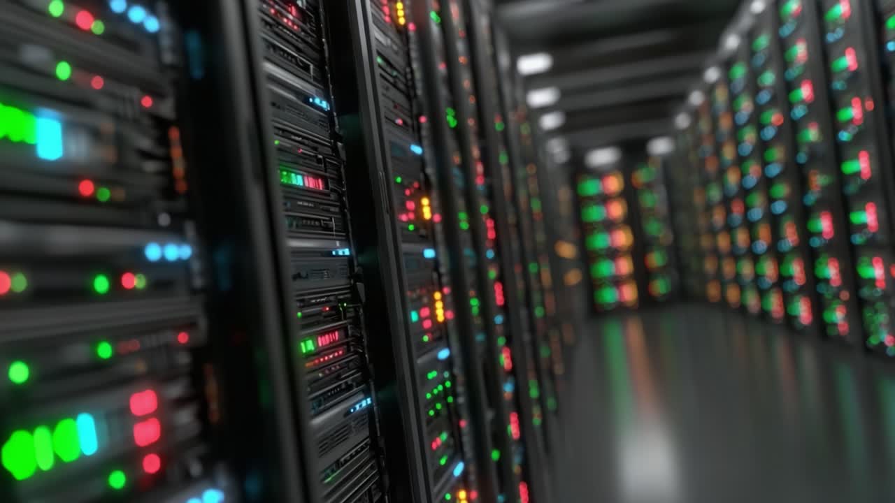 A Series of Modern Data Storage Servers with Vibrant Lights and a Sleek Design, Captured in an Immersive and High-Tech Data Center Environment