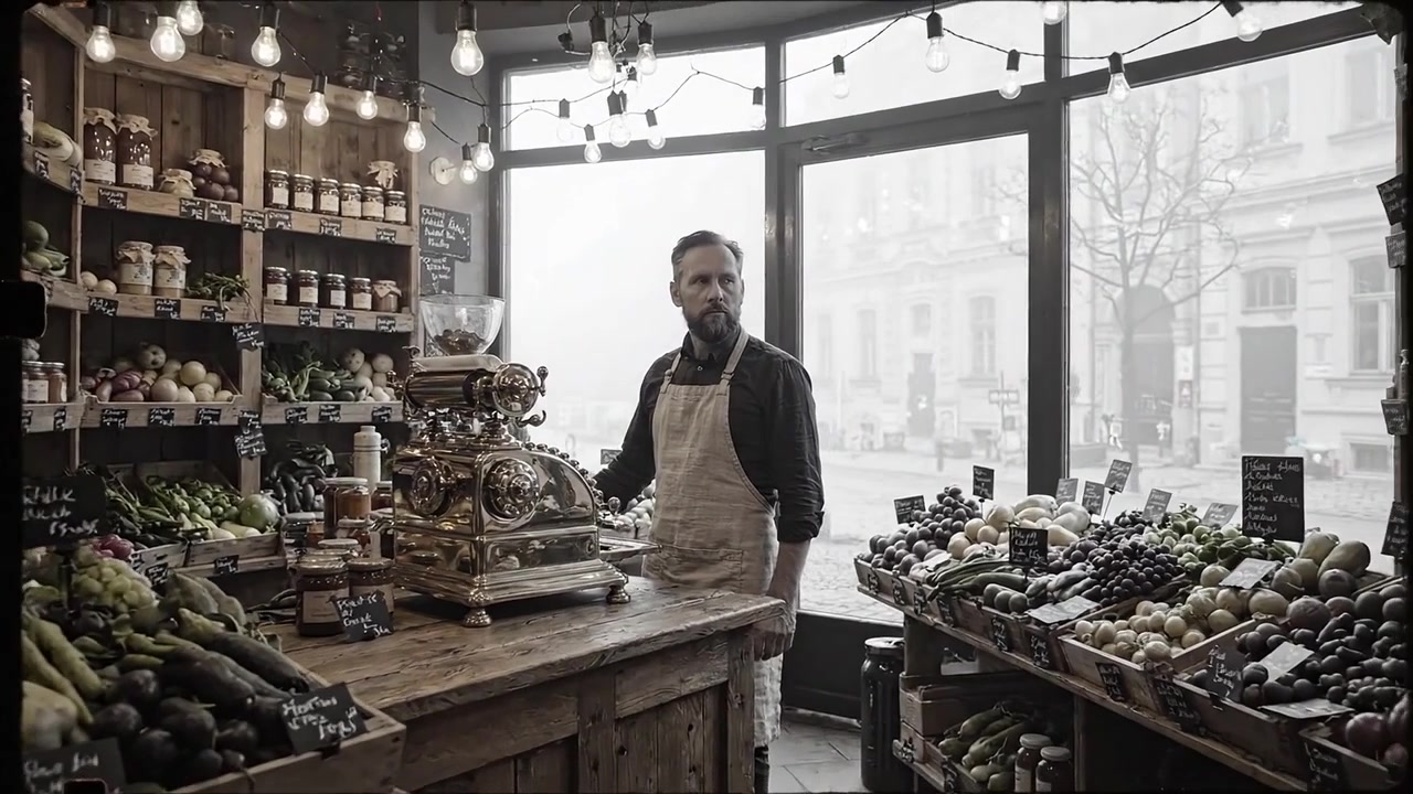 En rustik markedsscene med en mand, der betjener en vintage kaffekværn, omgivet af friske råvarer og krukker i en hyggelig købmandsbutiksatmosfære.
