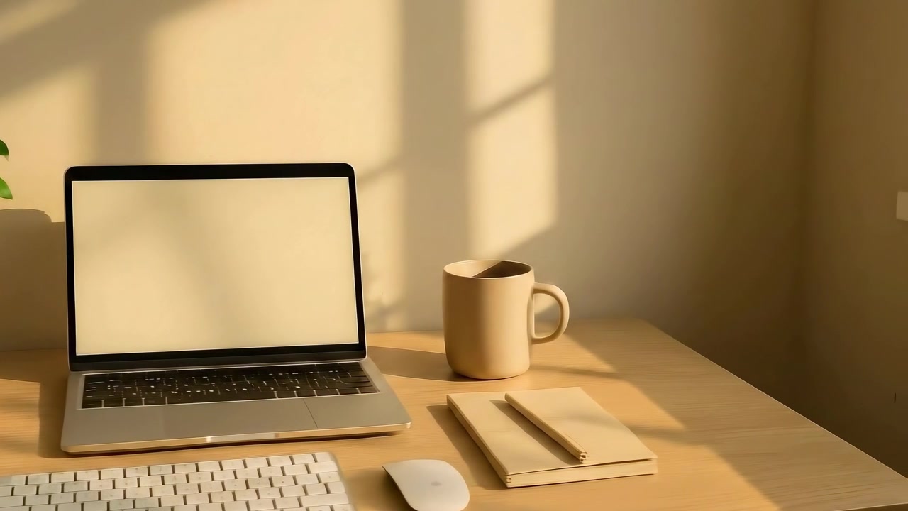 Minimalist Home Office Desk Setup with Laptop and Plant