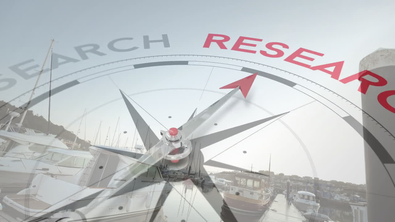 Compass needle pointing to Research over marina with boats and calm water animation