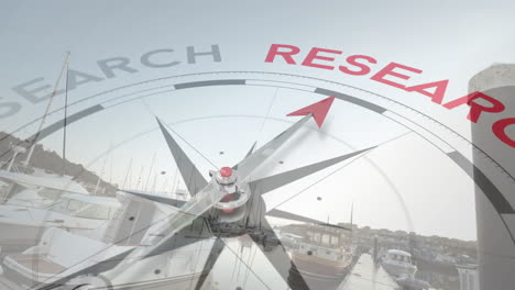 compass needle pointing to research over marina with boats and calm water animation