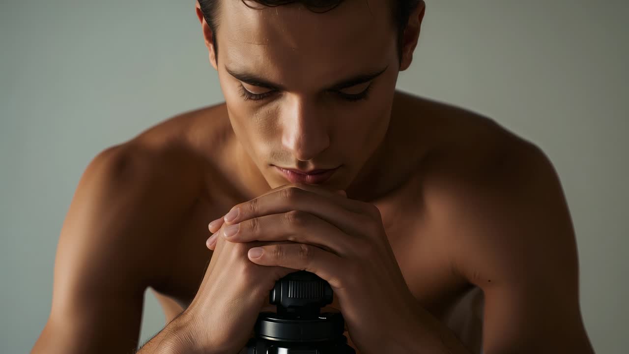 Uomo a torso nudo con le mani giunte su una manopola nera, che raddrizza le spalle e mostra la manopola tecnologica.