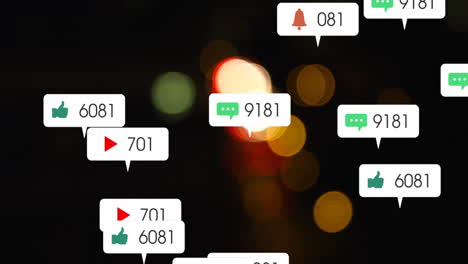 animación de iconos de redes sociales y procesamiento de datos sobre luces de la ciudad.