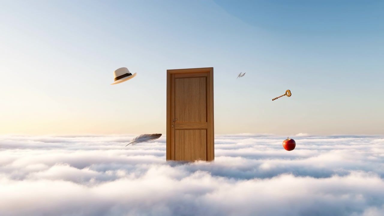 Porta di legno che fluttua sopra le nuvole all'alba, circondata da cappello, piuma, chiave d'oro e rosso levitanti