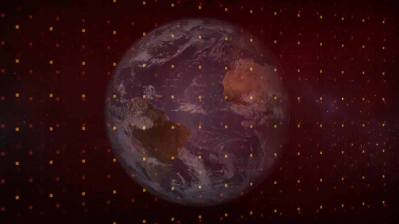 Planet Earth floating in dark space, revealing cloud patterns and glowing data particles