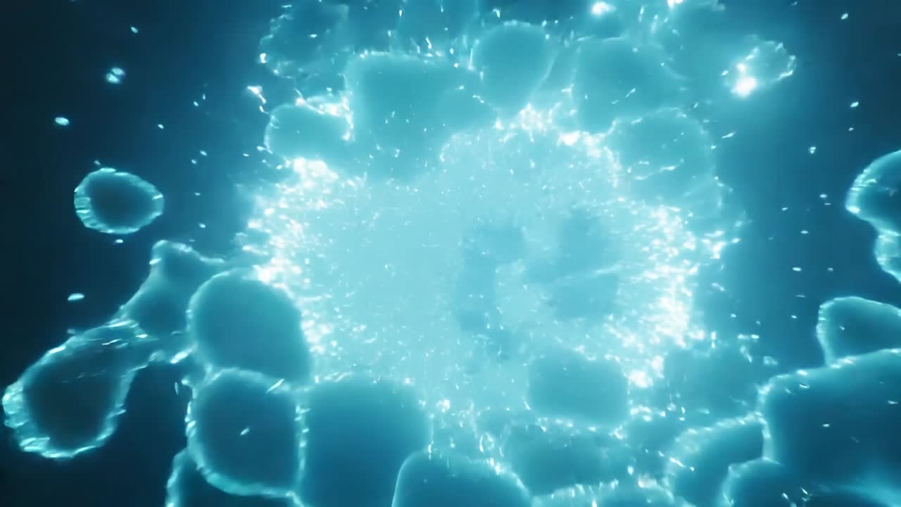明るいコアを形成し、虚空に光る青い柱が空間を削り、断片化しながら火花を放出する。