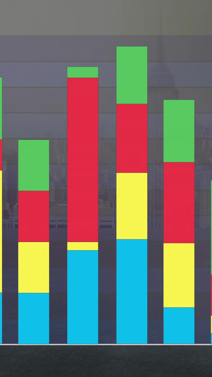 En la escuela, animación de un gráfico de barras colorido sobre un fondo de paisaje urbano.
