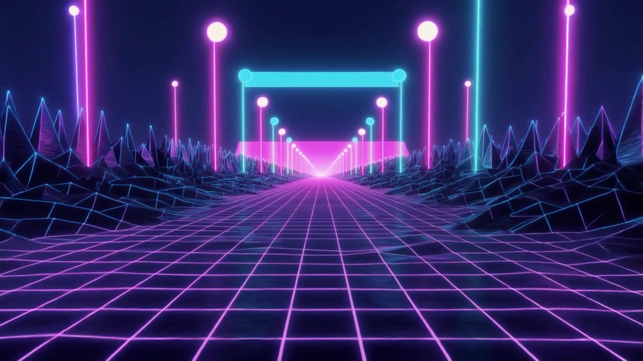 Paesaggio Digitale in Stile Retro Synthwave con Luci al Neon Scintillanti